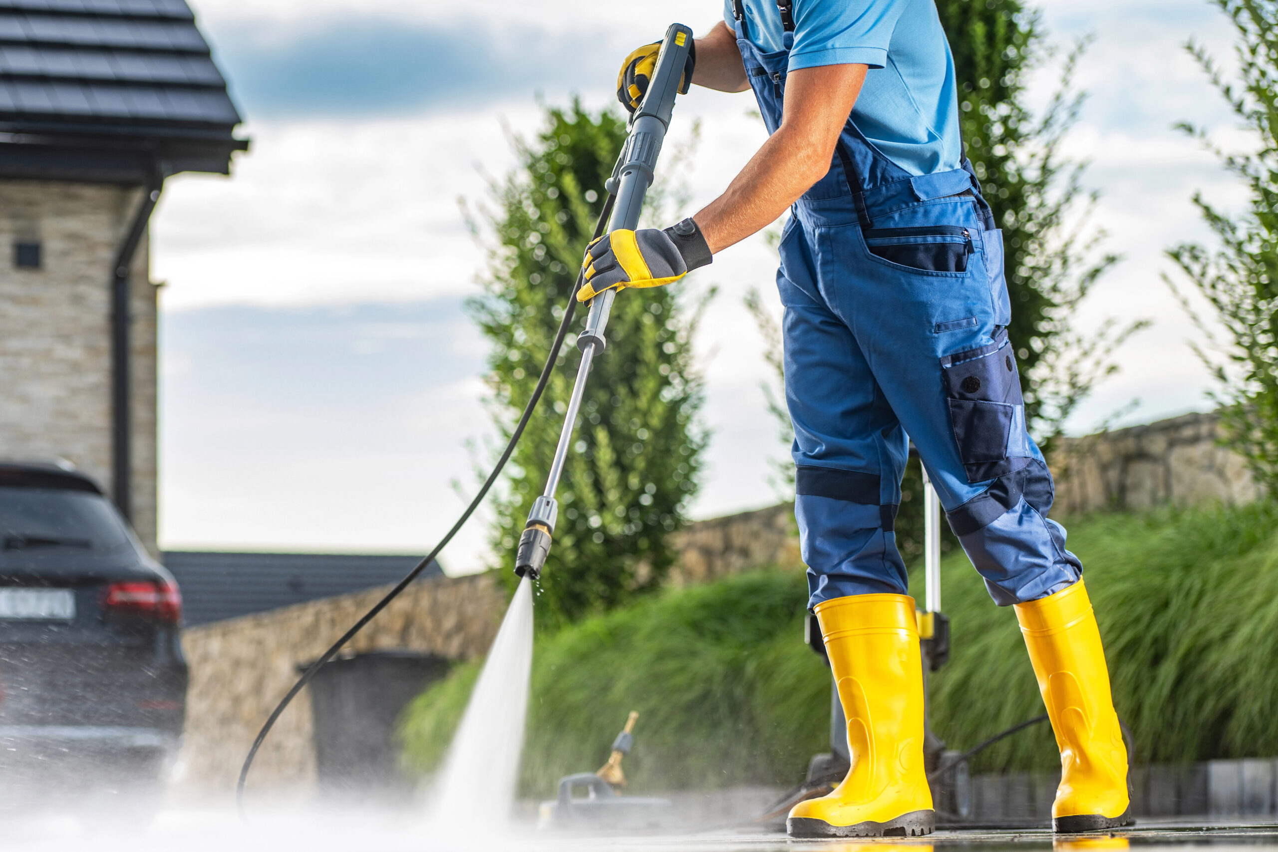 A man is washing floor with pressure