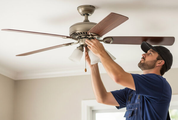 Handyman to install ceiling fan by TJ Handyman Services – professional handyman securely mounting a ceiling fan and adjusting light fixtures in an Orlando home.