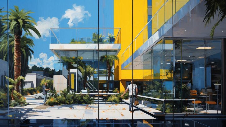 A commercial painting of a yellow building with palm trees