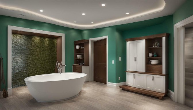 cty7 Resize A bathroom with green walls and a white bathtub