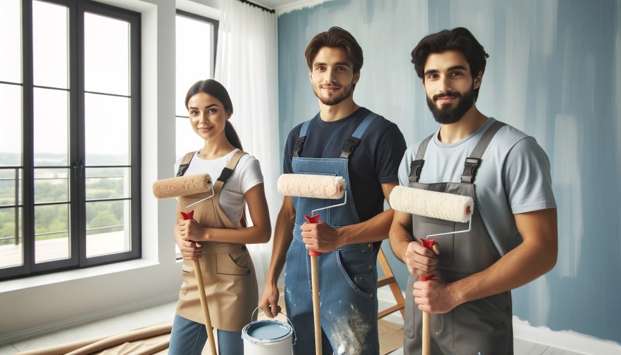 Photo of three residential painting experts in a modern living room  a female of Hispanic descent a male of Middle Eastern descent and another male