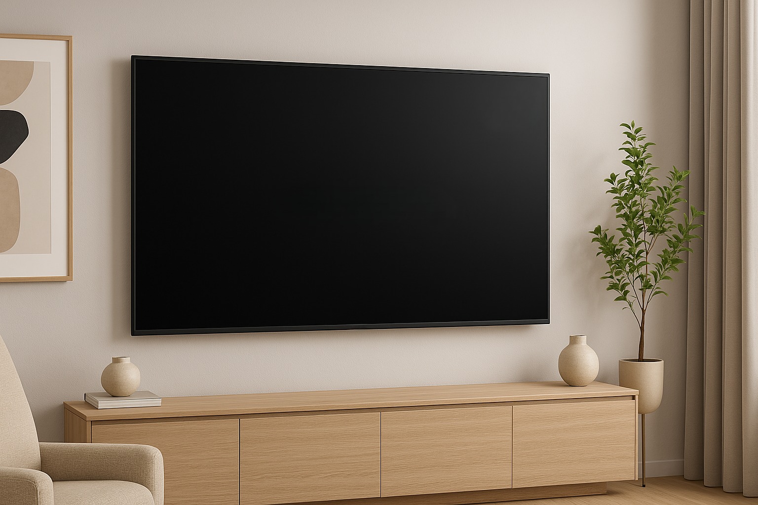 TV Mounting in Orlando a modern Orlando living room with a wall-mounted television above a wooden console, surrounded by minimalist decor.
