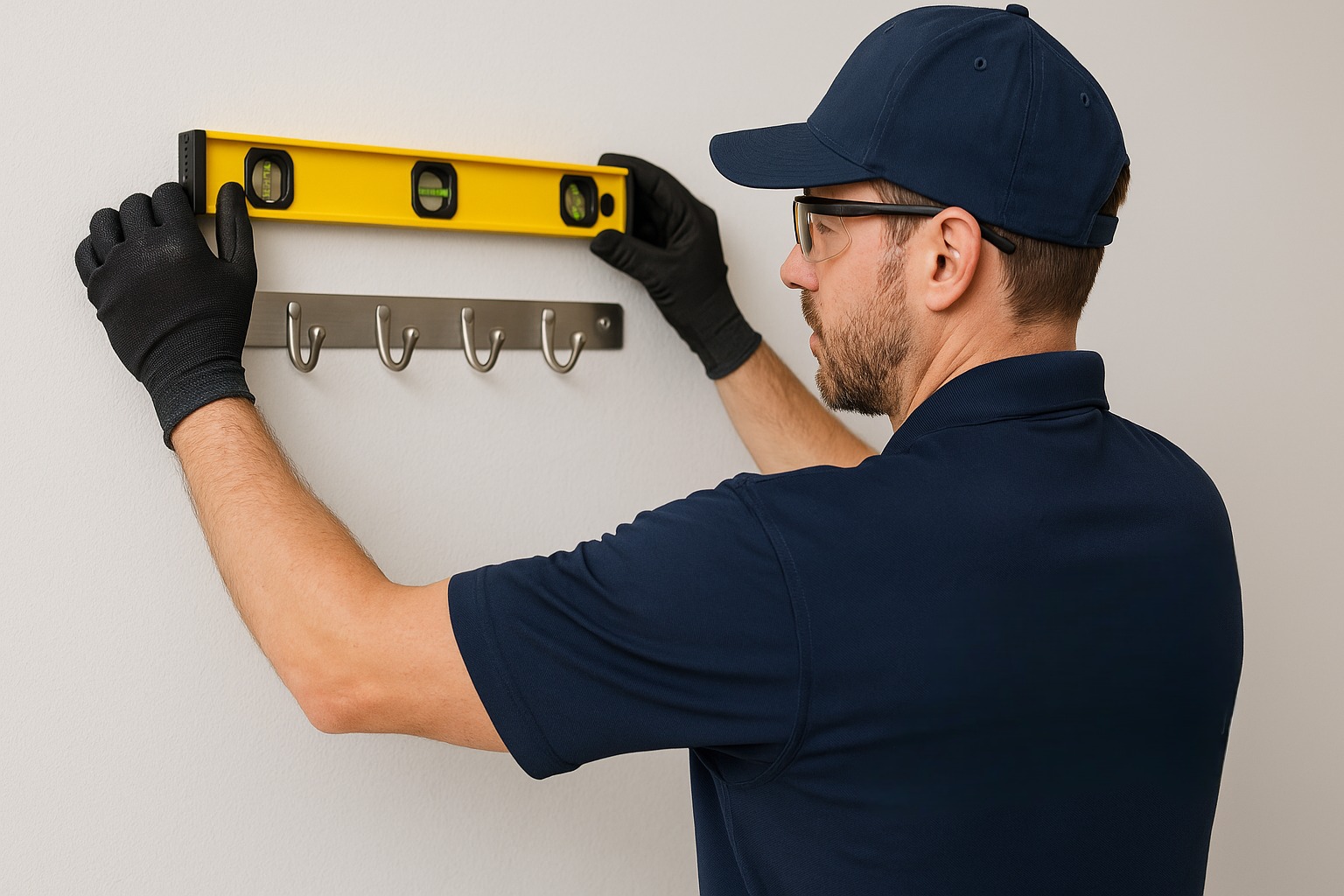 Technician aligning a metal coat rack with a yellow level during a hangers and racks mounting job.