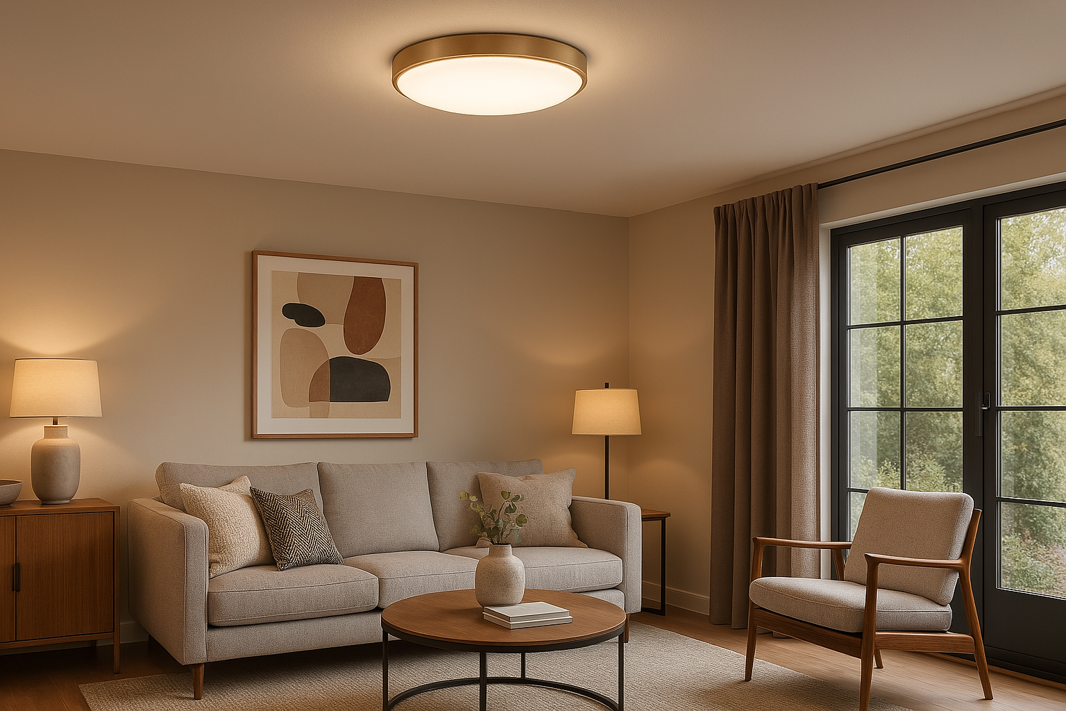 Flush-mounted ceiling light in a cozy living room showcasing professional light mounting services