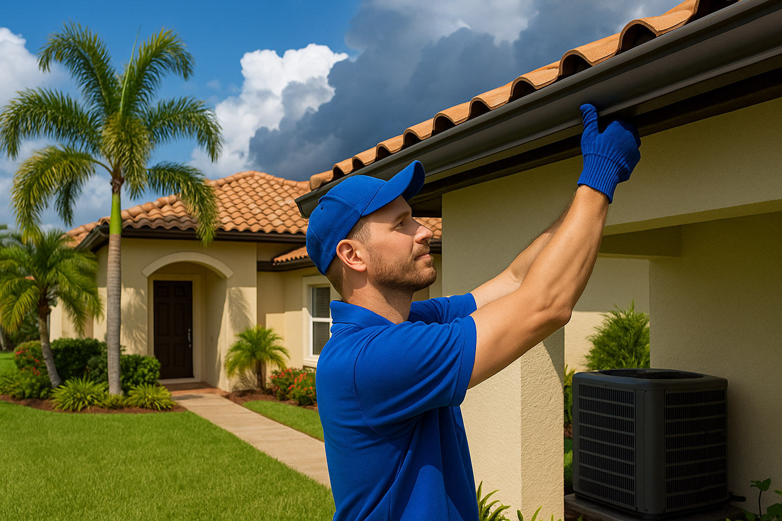 Handyman performing summer home maintenance on a Florida house with tile roof and palm trees