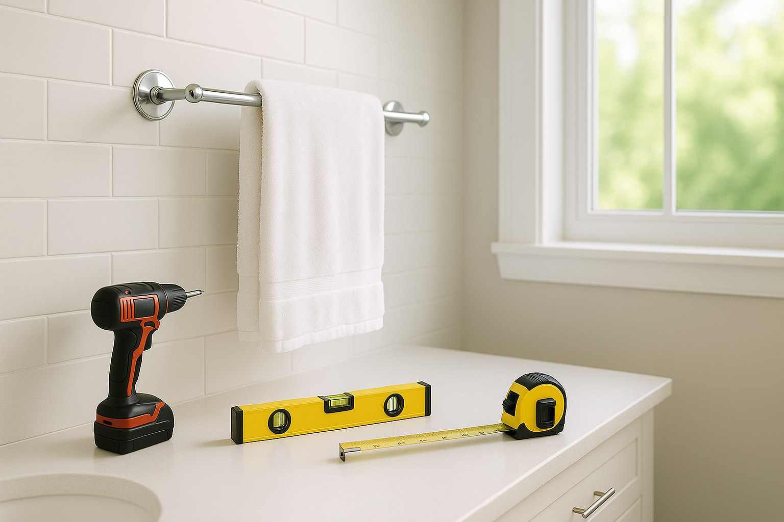 Towel bar mounting in a bright modern bathroom with tools on the vanity.