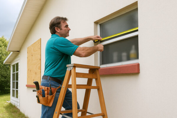 Handyman measuring a window during hurricane home preparation to install protective storm shutters.