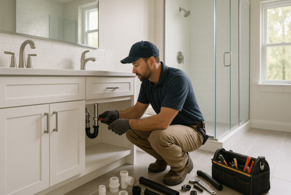 Professional handyman performing plumbing and bathroom remodeling under a double-sink vanity in a modern Orlando bathroom with a walk-in shower and white tile walls.