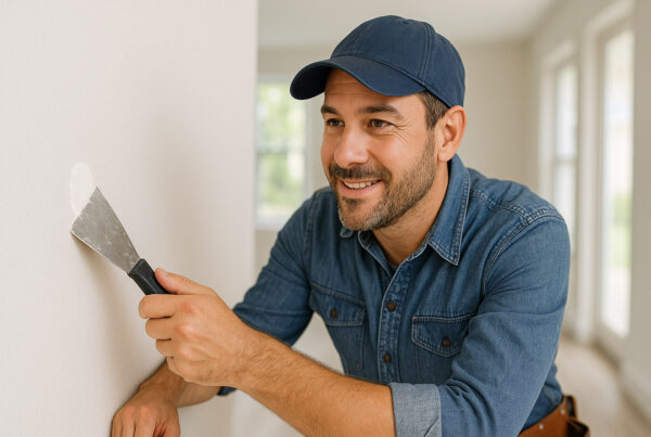 A handyman demonstrates how to repair small holes in drywall using a spackle knife and joint compound inside a residential home.