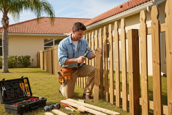 Wood fence repair contractors fixing a damaged wooden fence panel in a residential backyard.