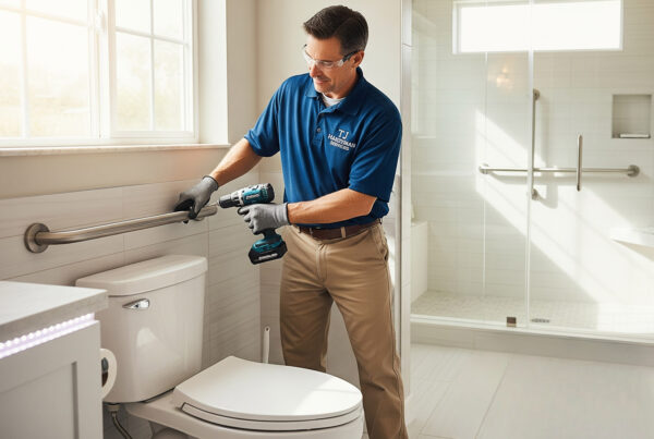 Aging in place home modifications for elderly adults – TJ Handyman Services installing bathroom grab bars for improved safety and accessibility.