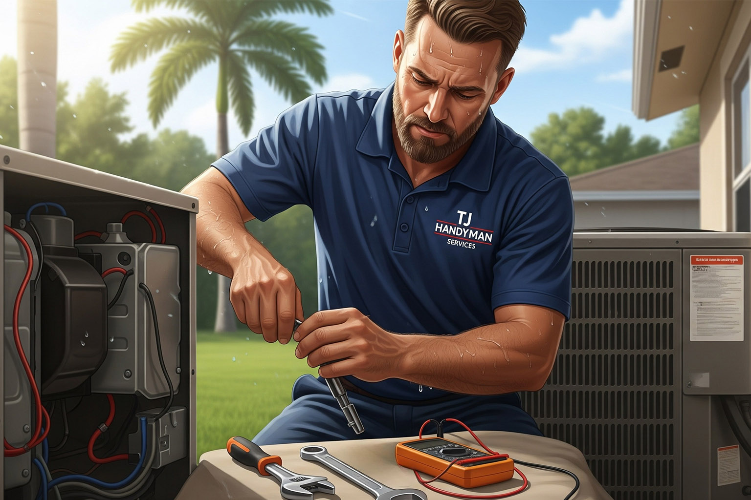 Emergency heating and air conditioning repair by TJ Handyman Services – handyman fixing AC unit outdoors with tools and diagnostic equipment.