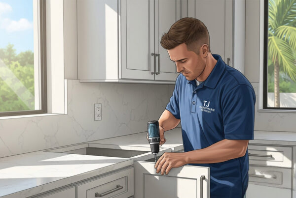 Orlando remodeling contractor from TJ Handyman Services installing new kitchen cabinets during a professional home renovation project in Orlando, Florida.