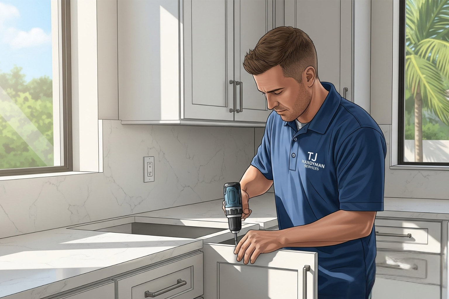 Orlando remodeling contractor from TJ Handyman Services installing new kitchen cabinets during a professional home renovation project in Orlando, Florida.