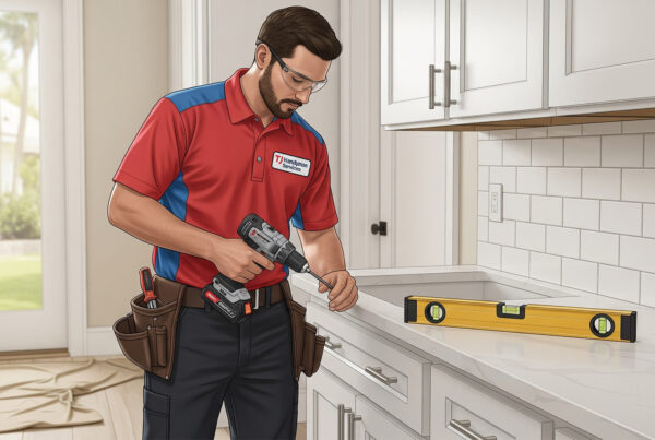 Affordable kitchen and bath remodeling by TJ Handyman Services – expert handyman installing cabinets and finishing a modern kitchen renovation in Orlando, Florida.