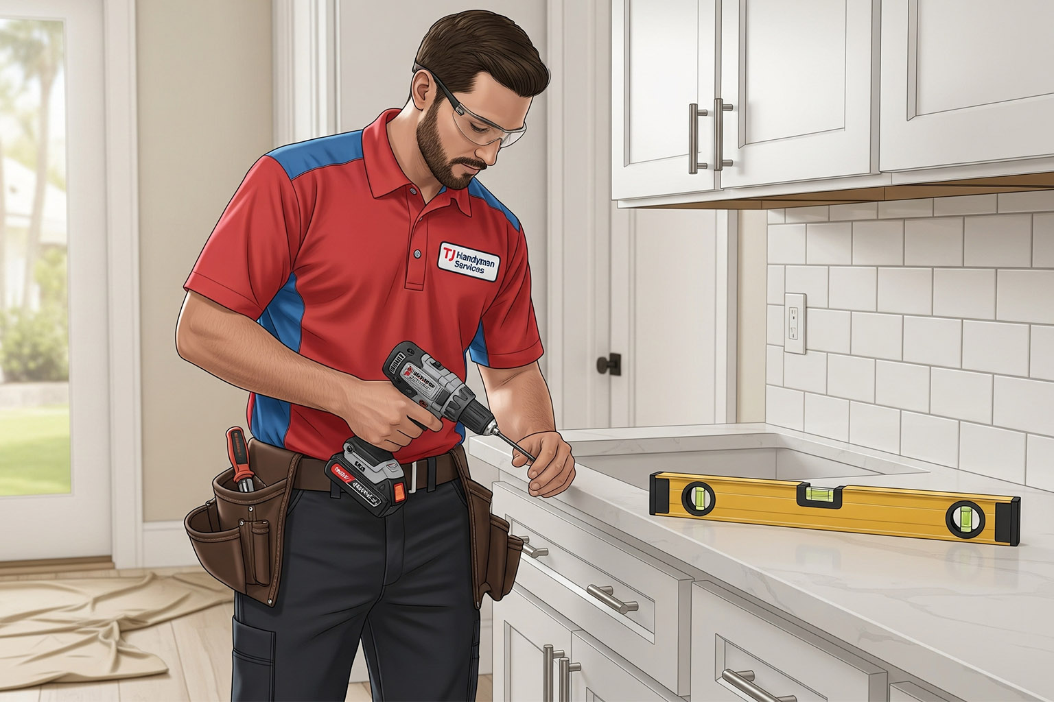 Affordable kitchen and bath remodeling by TJ Handyman Services – expert handyman installing cabinets and finishing a modern kitchen renovation in Orlando, Florida.