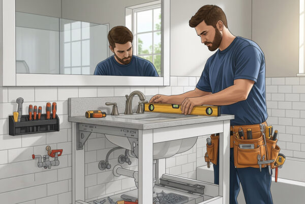 Handyman to install bathroom vanity by TJ Handyman Services – professional installer leveling vanity countertop with tools in modern bathroom.