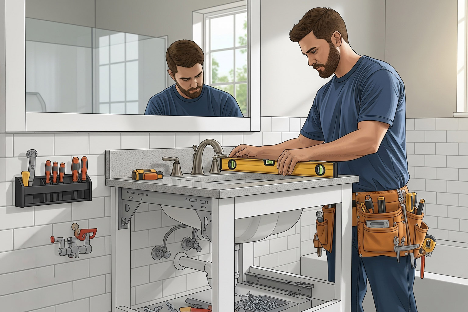 Handyman to install bathroom vanity by TJ Handyman Services – professional installer leveling vanity countertop with tools in modern bathroom.