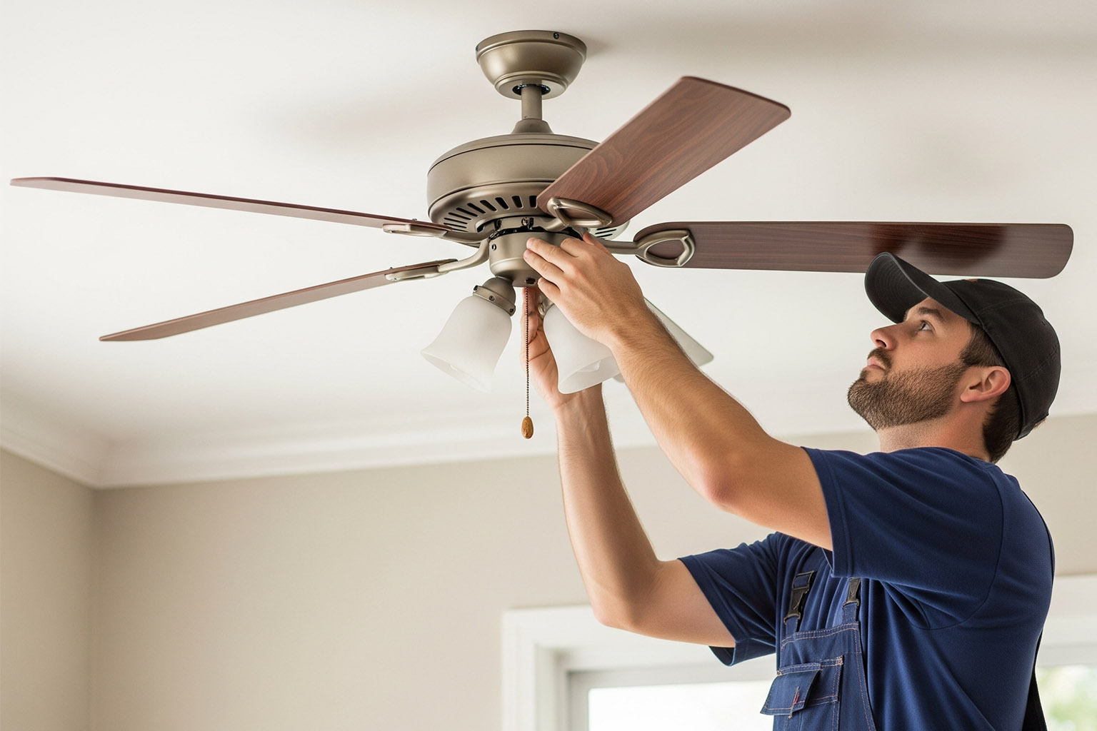 Handyman to install ceiling fan by TJ Handyman Services – professional handyman securely mounting a ceiling fan and adjusting light fixtures in an Orlando home.