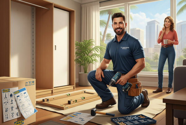 A professional from TJ Handyman Services assembling IKEA furniture in an Orlando home, surrounded by neatly arranged tools, with a happy customer watching nearby.