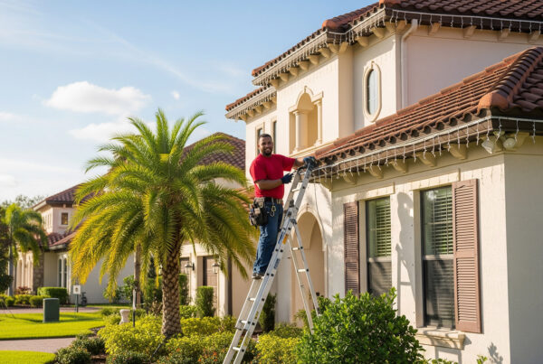 Affordable Christmas light installation in Orlando by TJ Handyman Services – handyman safely hanging outdoor holiday lights on a Florida home.