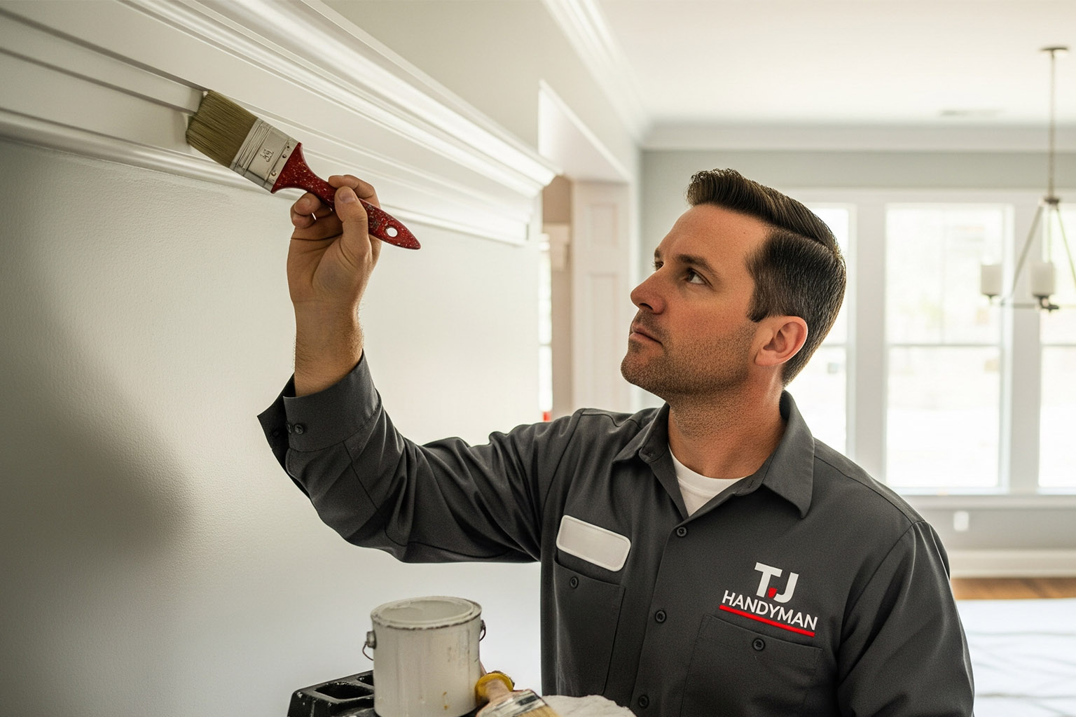 Crown molding and trim painting by TJ Handyman Services in Orlando – professional handyman adding a detailed paint finish to interior molding.