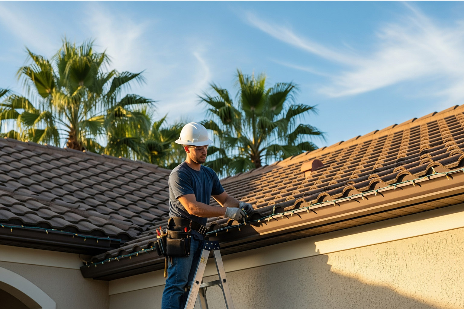 Handyman to hang Christmas lights by TJ Handyman Services – professional installing roofline holiday lights on a Florida home in Orlando.