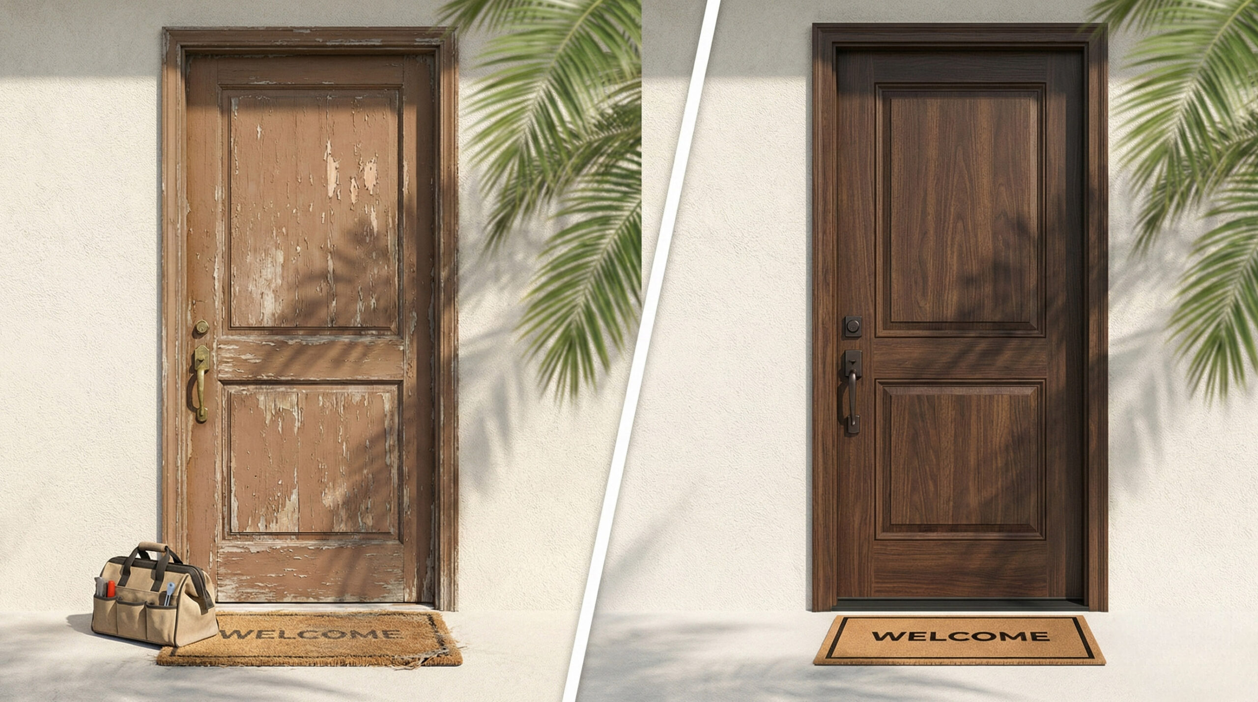 Front door repair vs. replace comparison by TJ Handyman Services in Orlando showing an old damaged door restored to a like-new finish.