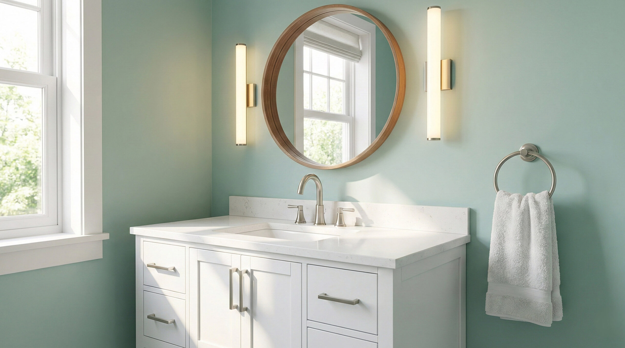 Small bathroom upgrades that make a big difference by TJ Handyman Services in Orlando – updated vanity, mirror, lighting, and fixtures for a modern refreshed look.