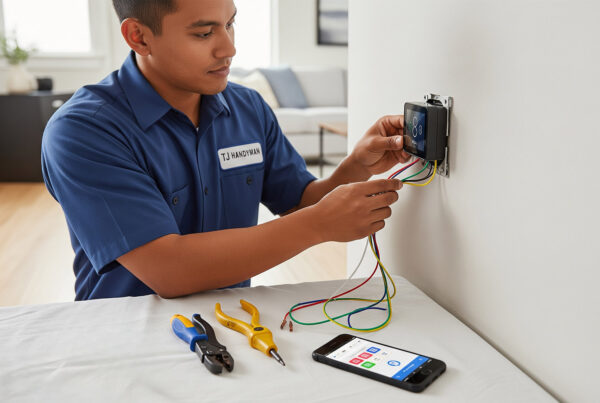 Smart thermostat installation Orlando by TJ Handyman Services in Orlando – professional handyman wiring and setting up a digital thermostat.