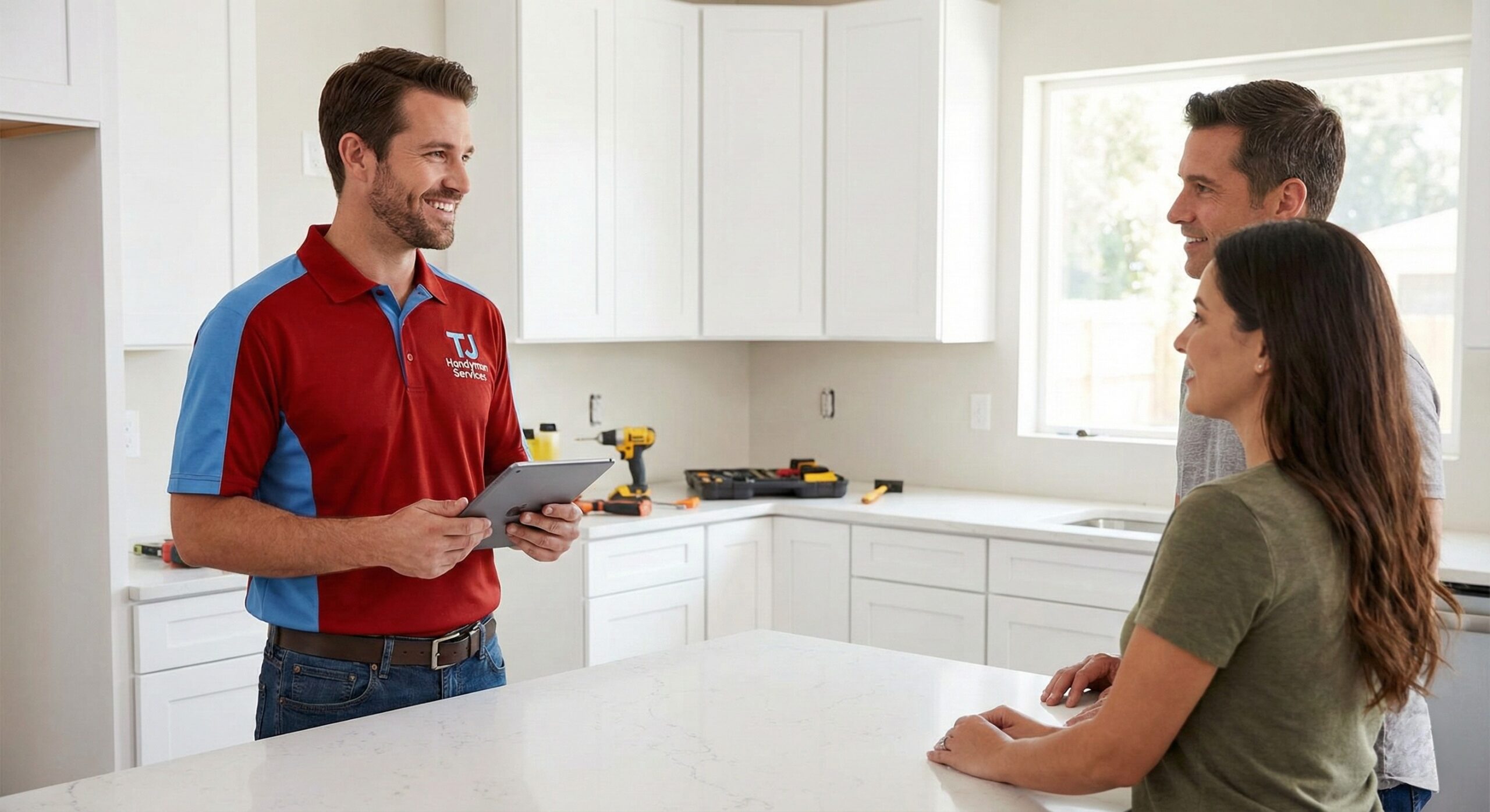 TJ Handyman Services - professional residential remodeling contractors near me in an Orlando home discussing a kitchen renovation project with a homeowner.
