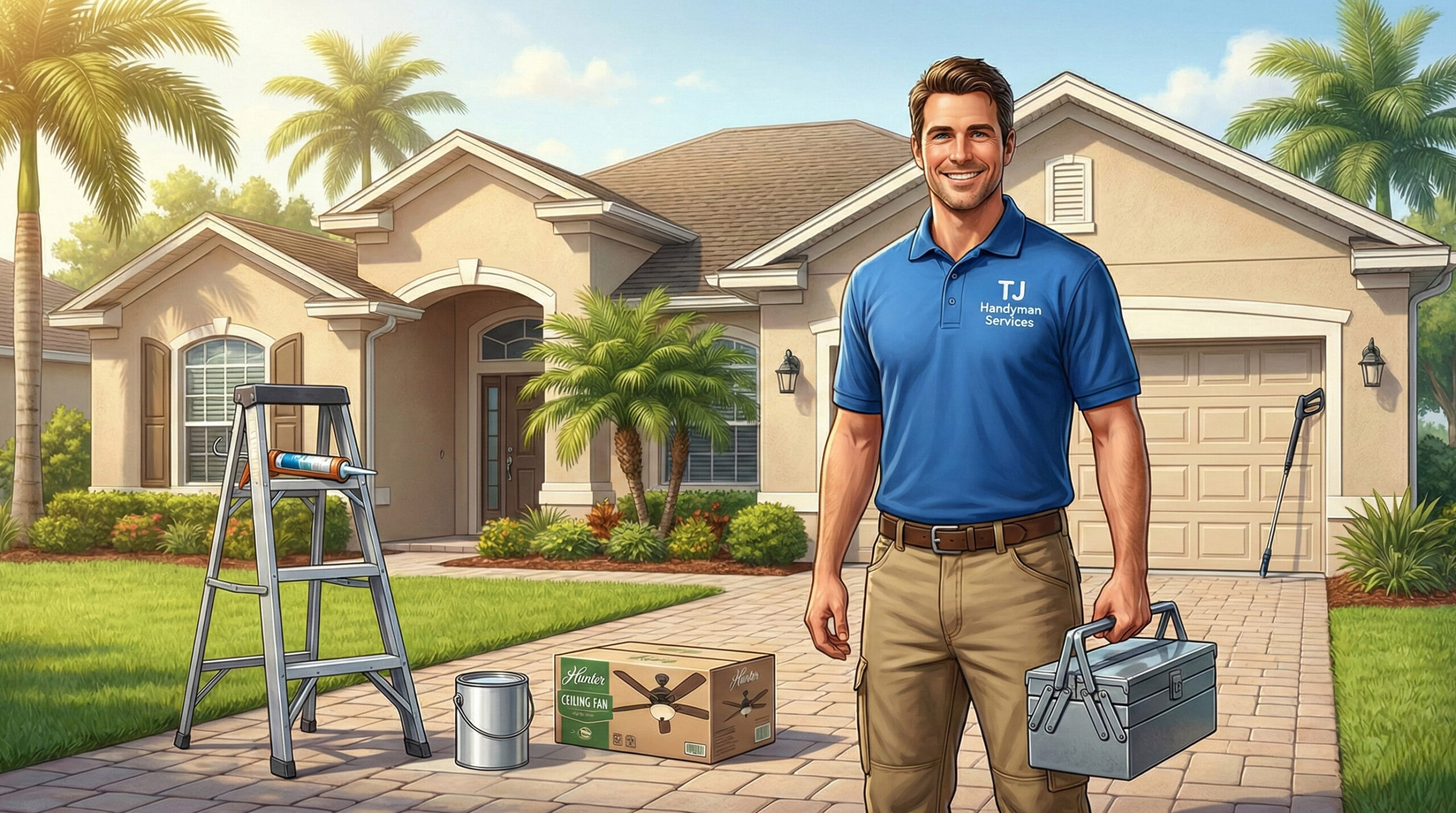 Top 10 handyman projects every Orlando homeowner should tackle this year – TJ Handyman Services professional standing outside a home with tools and supplies.