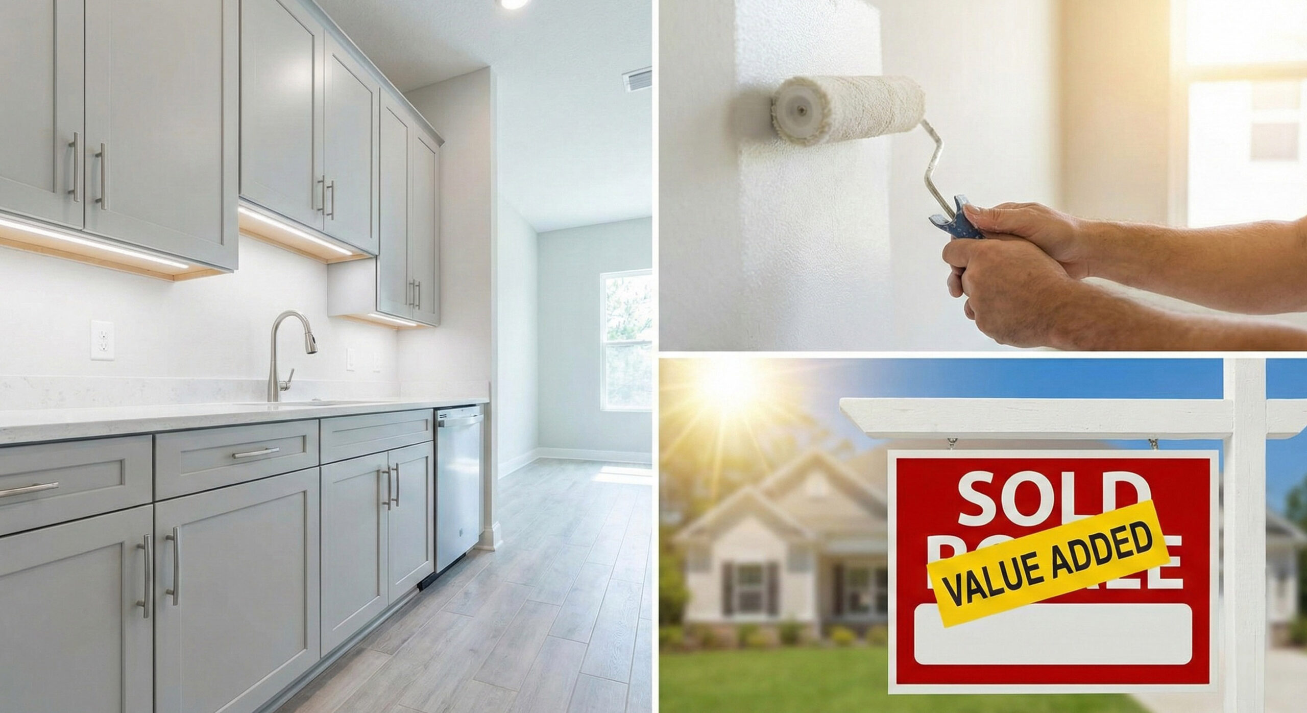 Collage showing kitchen upgrades, painting, and a sold sign, illustrating the top 10 things that add value to your home in Orlando.