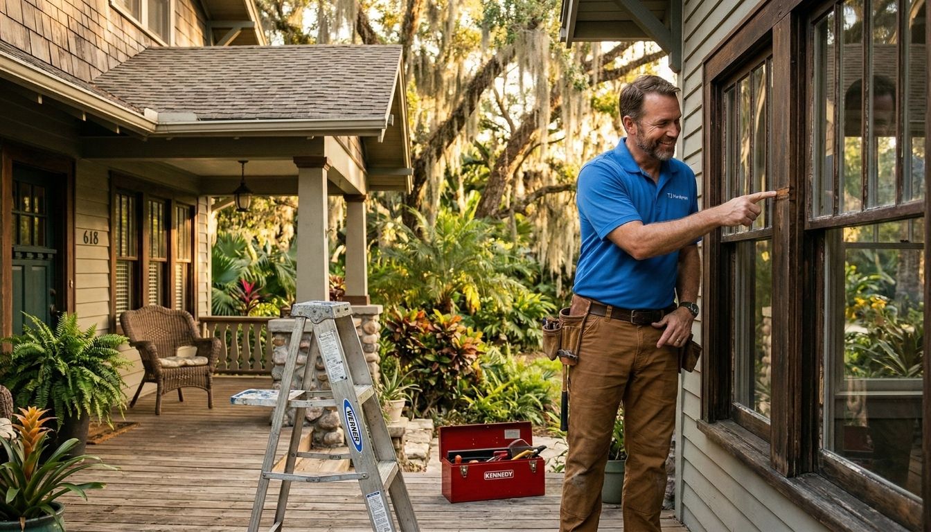 How to maintain an older home in Winter Park with exterior repairs and maintenance by TJ Handyman Services on wood windows and siding.