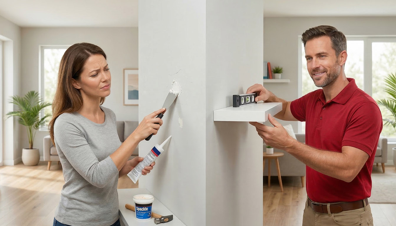 Pros and cons of DIY vs. hiring a handyman are shown in an Orlando home, with a homeowner doing a simple repair and a professional finishing a more detailed project for TJ Handyman Services