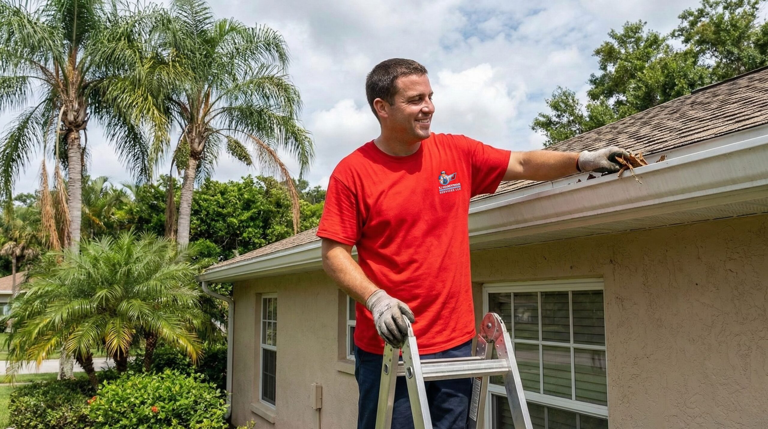 Spring home maintenance Orlando service by TJ Handyman Services cleaning gutters and inspecting the roof of a Florida home.