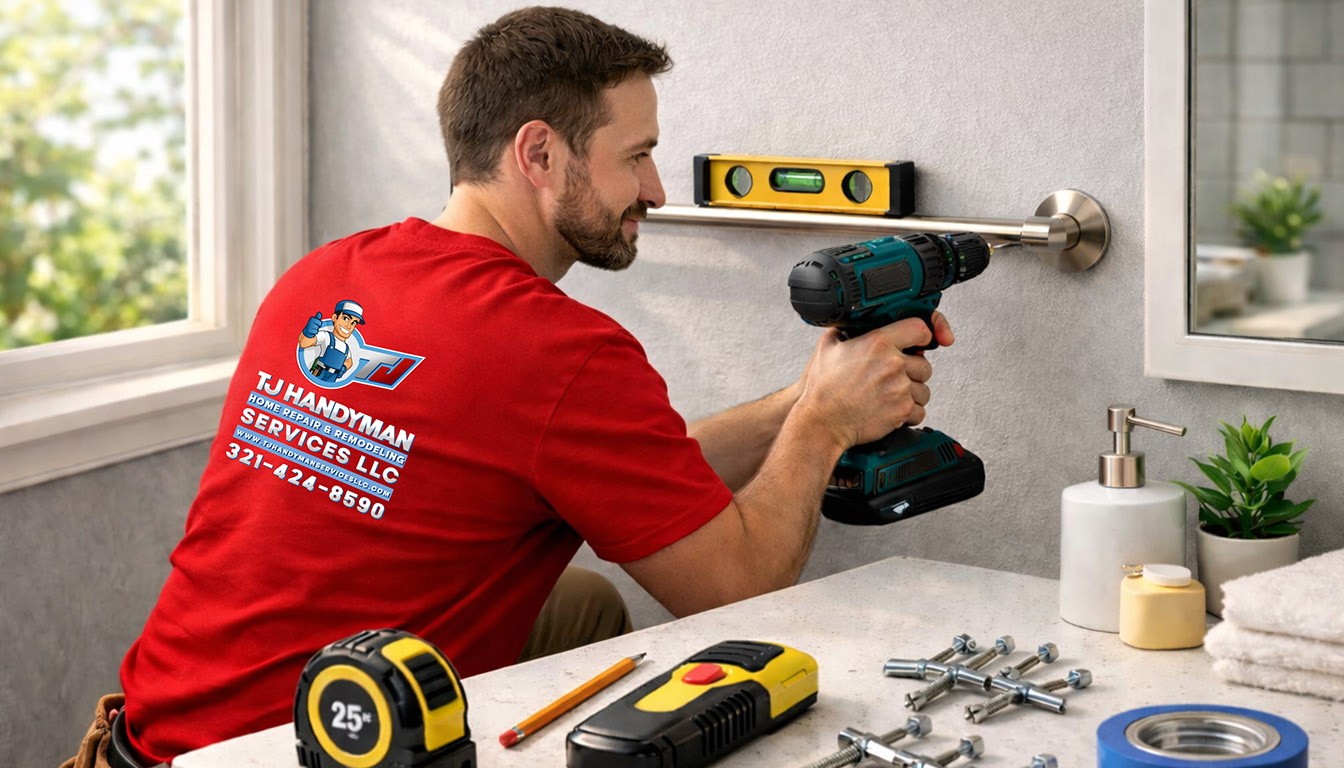 How to install towel bar yourself with help from TJ Handyman Services in Orlando – professional handyman drilling and leveling a bathroom towel bar.
