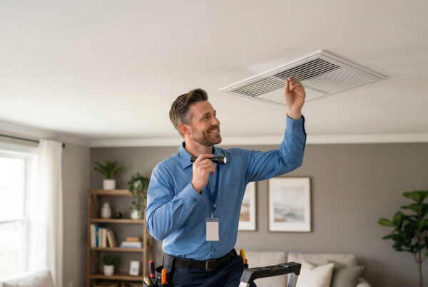 Common HVAC problems and solutions by TJ Handyman Services in Orlando – professional inspecting a ceiling air vent in a home.