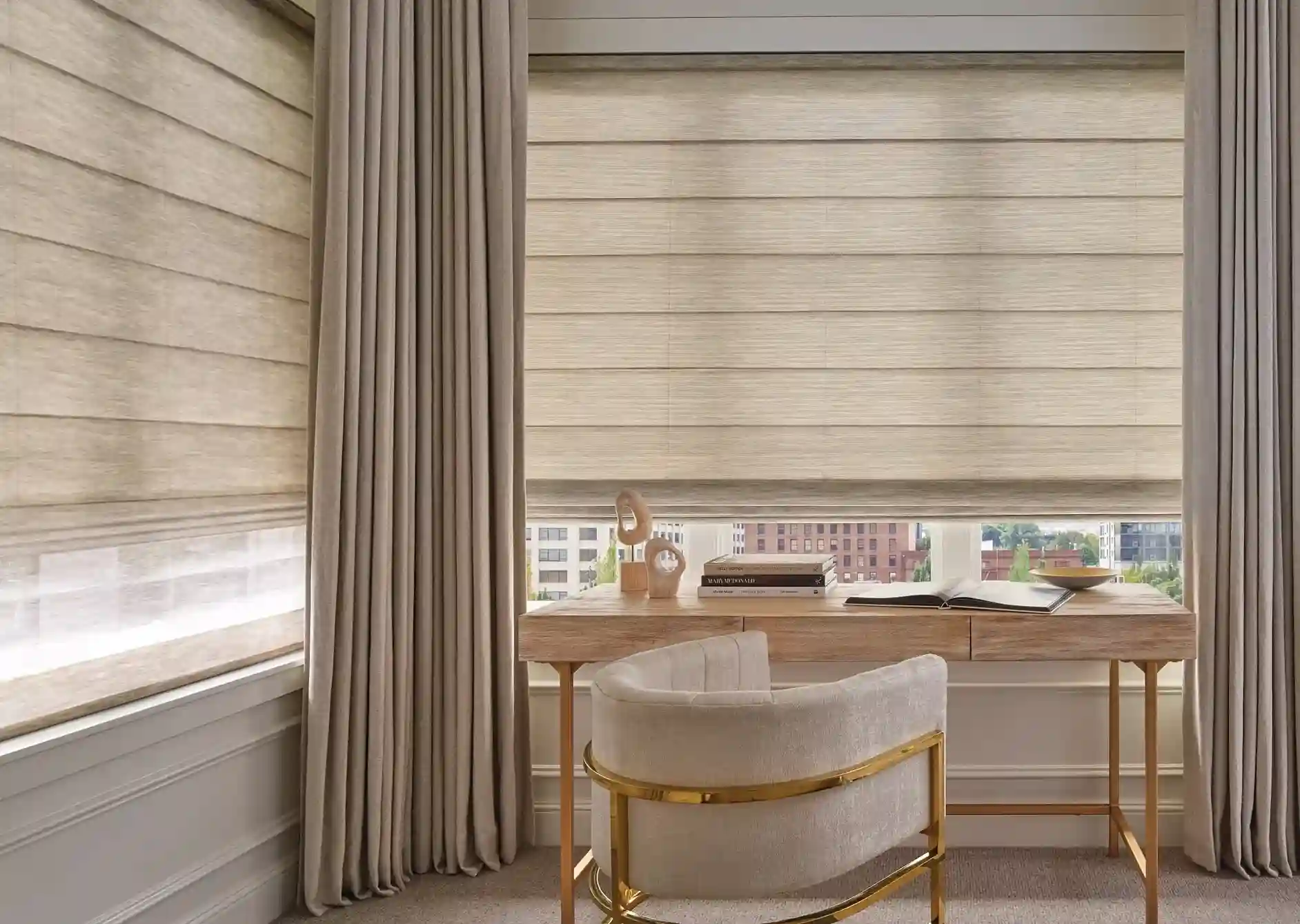 TJ Handyman Services curtain and blinds installation showing fitted window blinds and floor-length curtains in a modern Orlando home office.
