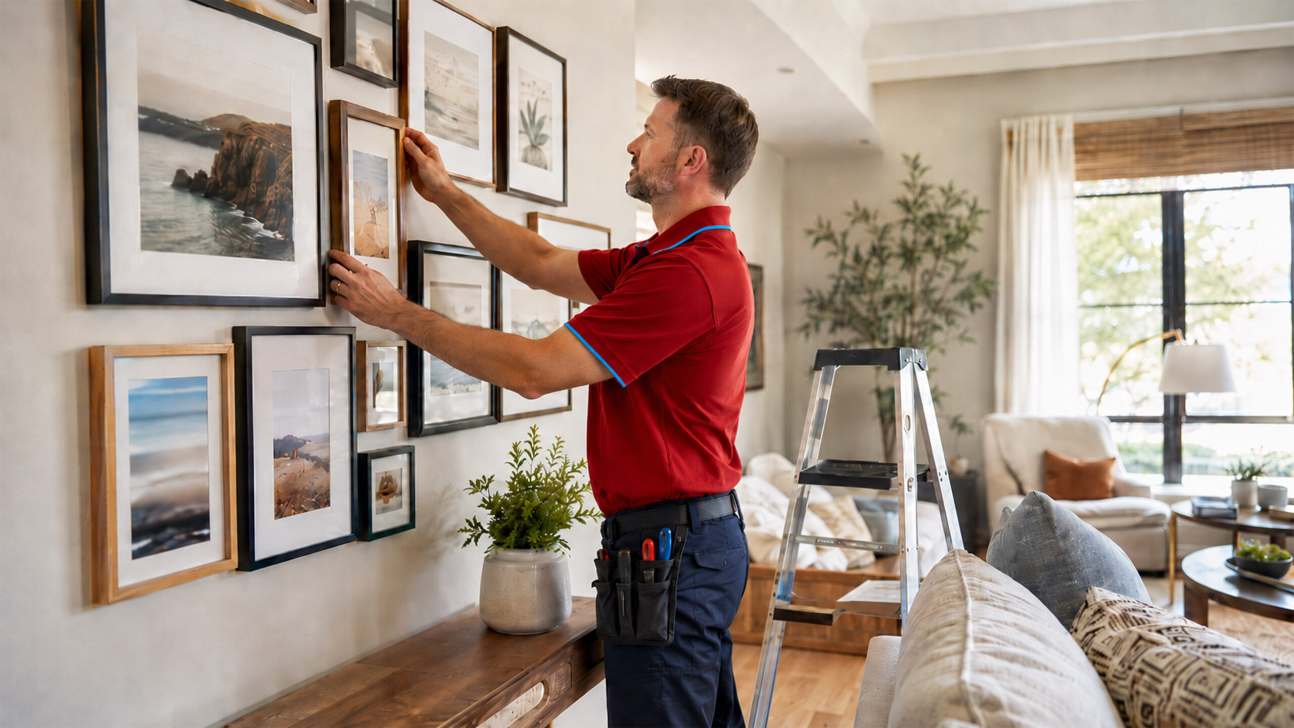 TJ Handyman Services professional hanging framed artwork on a living room gallery wall during a picture hanging project in Orlando, FL.