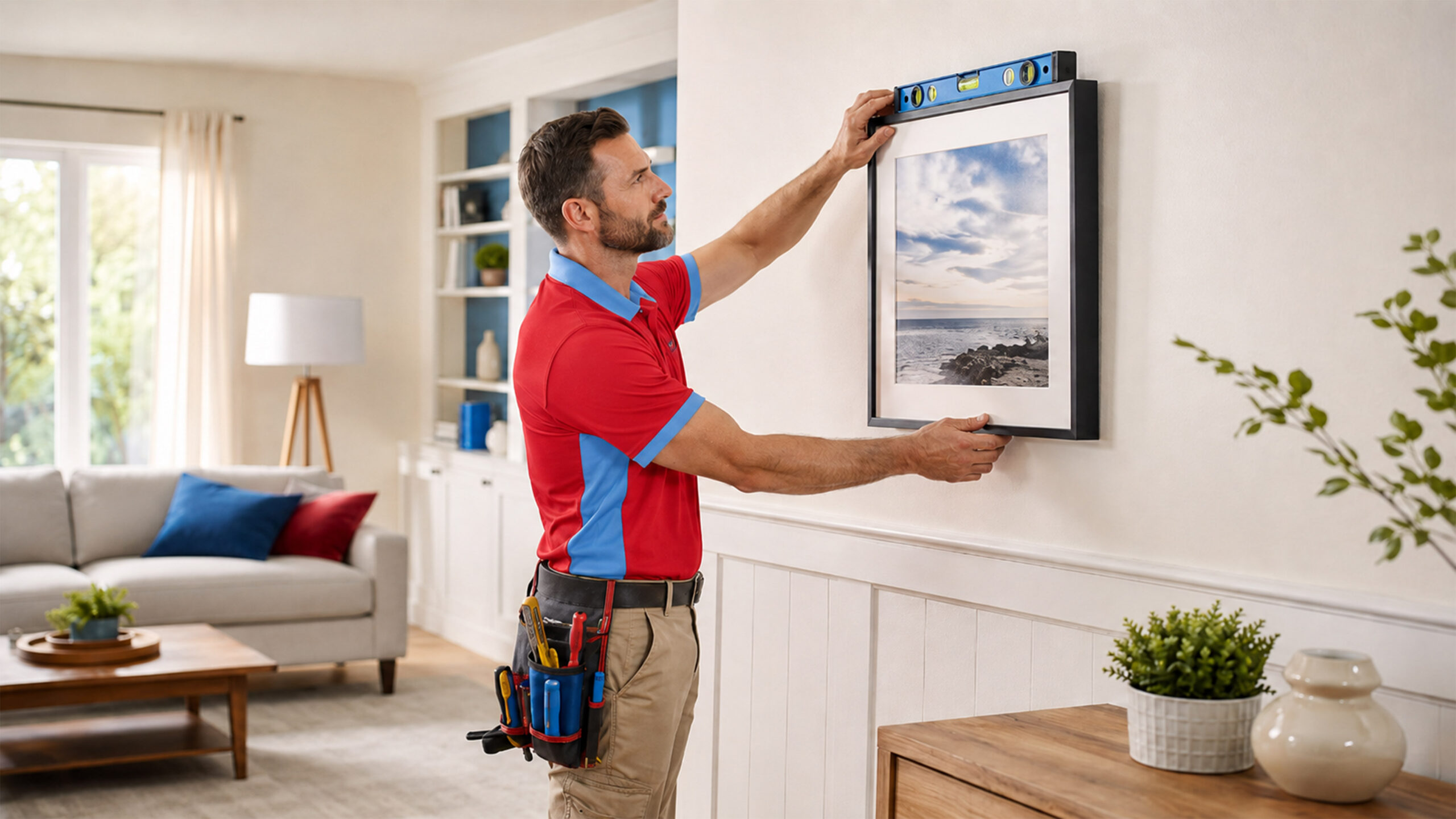 TJ Handyman Services professional using a spirit level to hang and straighten a framed picture in an Orlando living room.