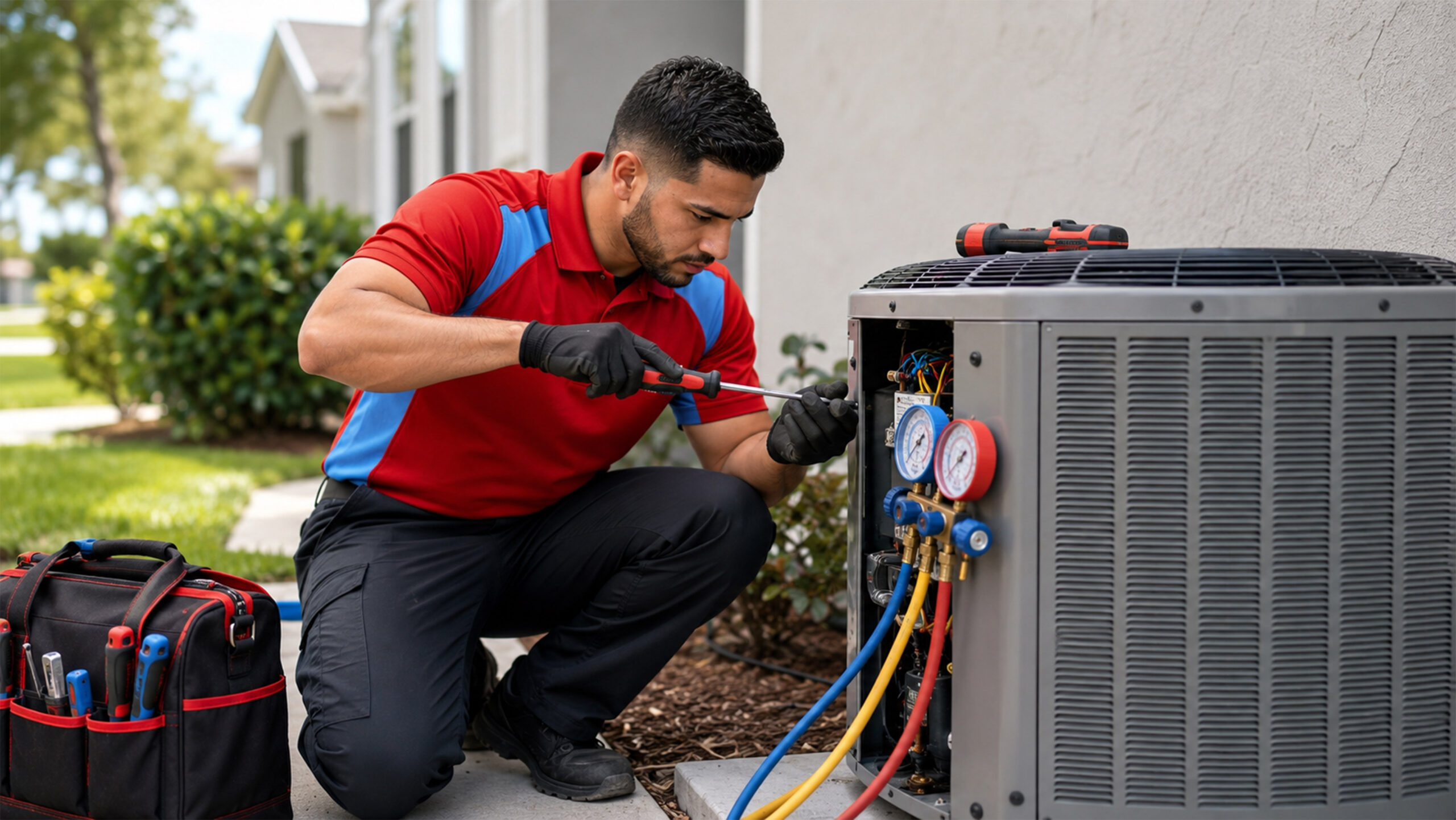 TJ Handyman Services technician servicing an outdoor HVAC unit with manifold gauges and tools in Orlando, FL.