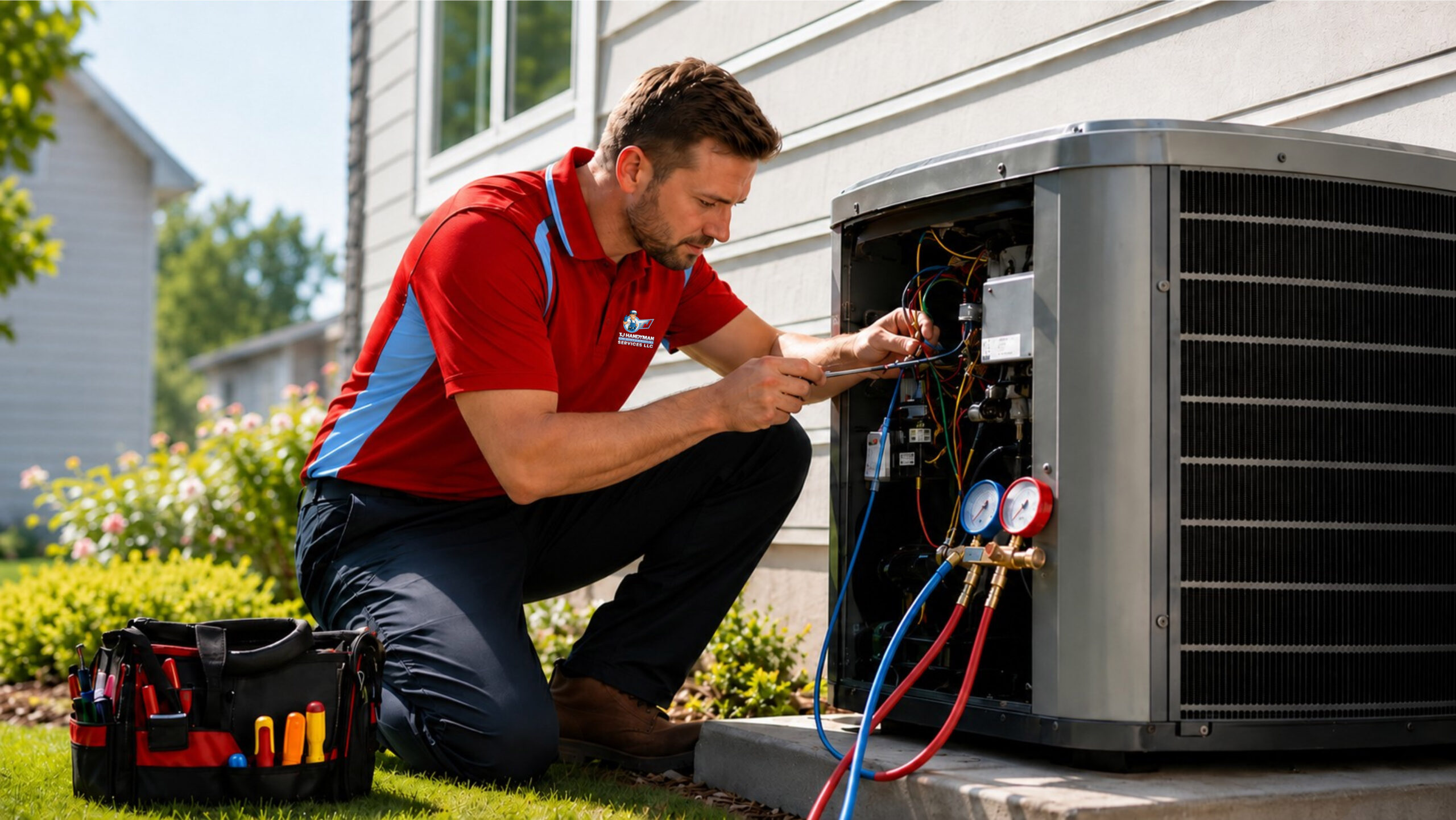 TJ Handyman Services technician servicing an outdoor HVAC unit with gauges, hoses, and hand tools in an Orlando home.