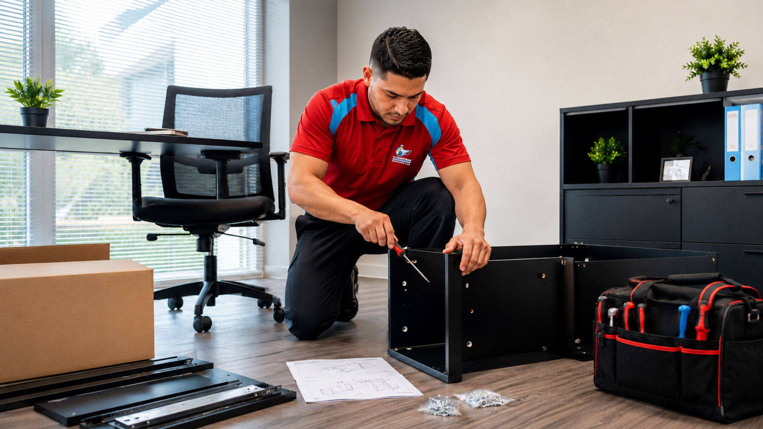 TJ Handyman Services professional completing office furniture assembly in Orlando, FL, by assembling a black office cabinet with hand tools.