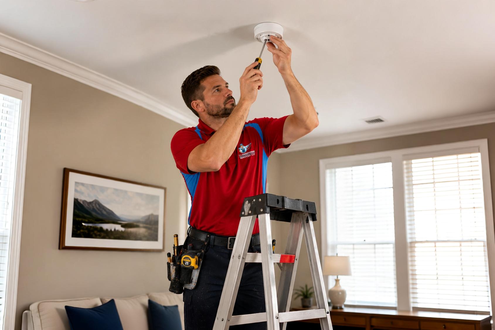 A man is fixing a smoke detector in Orlando FL