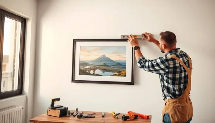 A man is hanging picture on wall