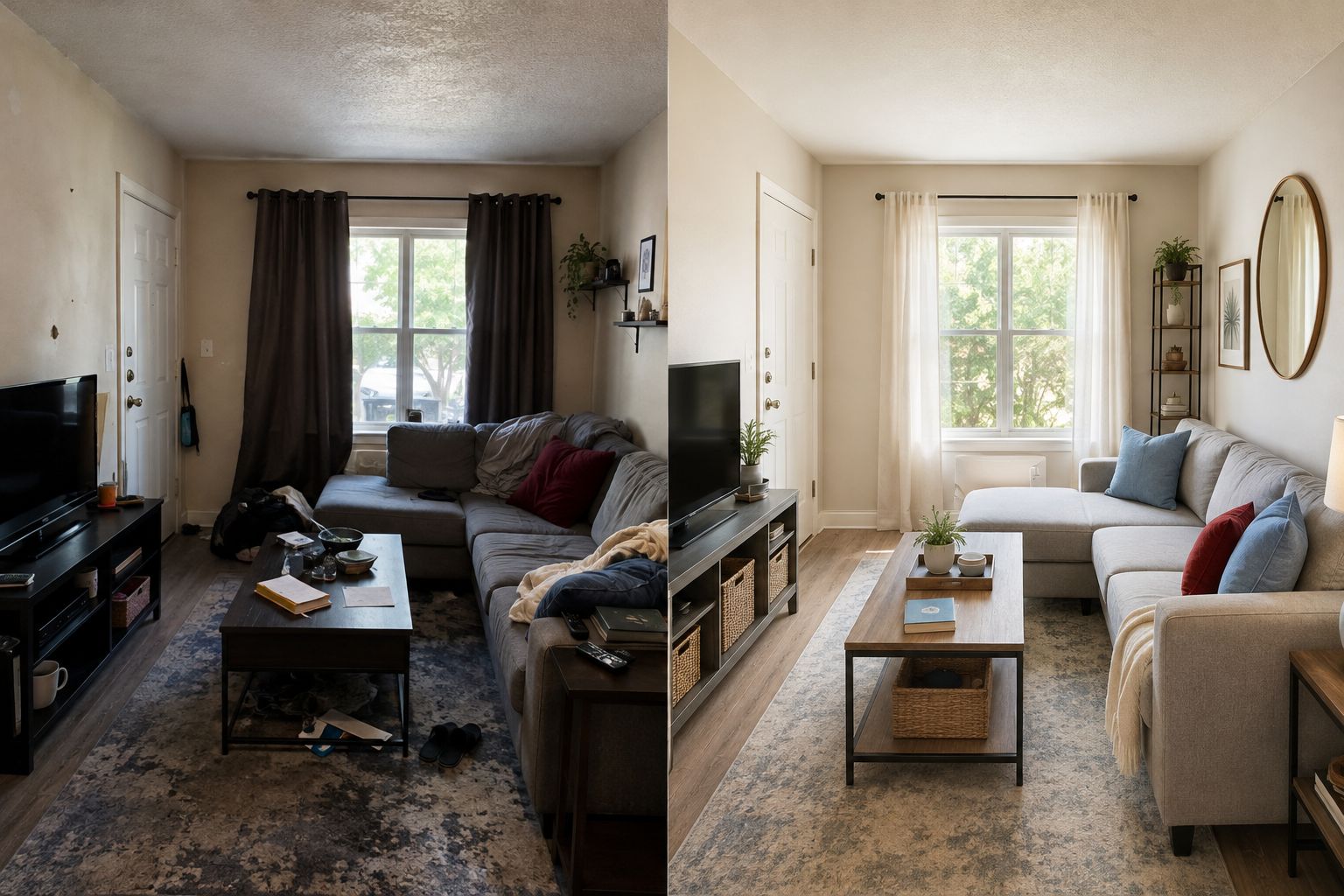 Home improvement projects for small spaces in Orlando shown in a before-and-after living room by TJ Handyman Services