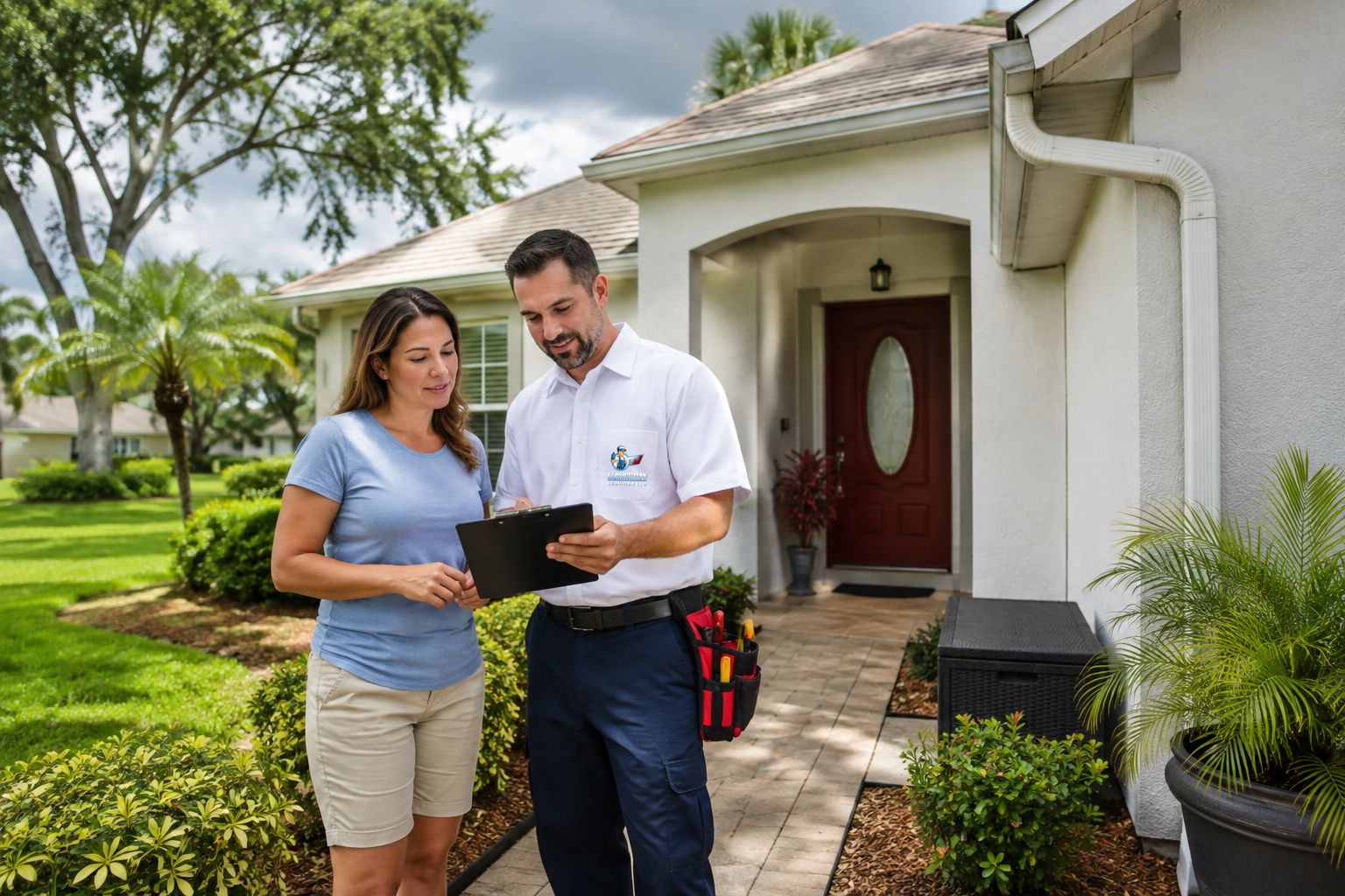 Orlando homeowner reviewing a hurricane preparation checklist with a handyman outside a Central Florida home.