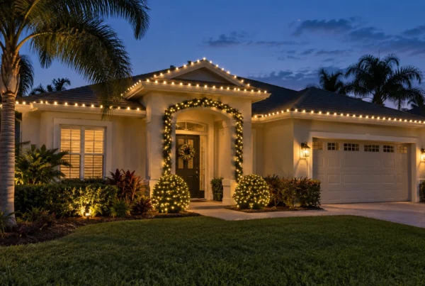Residential holiday light installation featuring warm white roofline lights, illuminated entry garland, and decorated shrubs on a single-story stucco home.