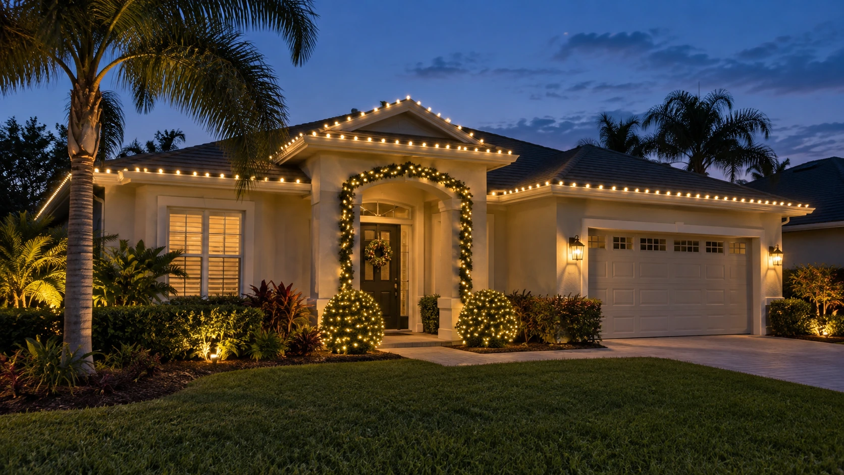 Residential holiday light installation featuring warm white roofline lights, illuminated entry garland, and decorated shrubs on a single-story stucco home.